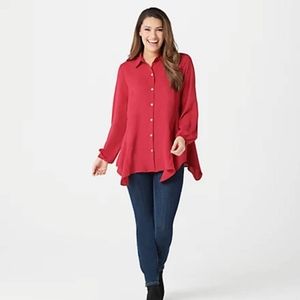 LOGO by Lori Goldstein Red Woven Crepe Blouse with Seaming Detail Sz L